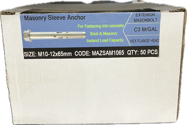 HEX FLANGE GALVANISED MASONBOLT M10-12x65MM (BOX OF 50)