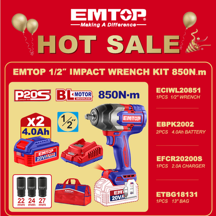 EMTOP 1/2" IMPACT WRENCH KIT 850NM