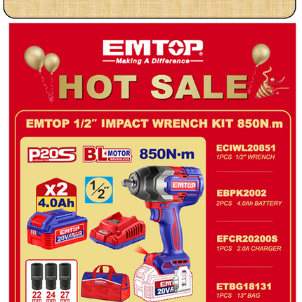 EMTOP 1/2" IMPACT WRENCH KIT 850NM