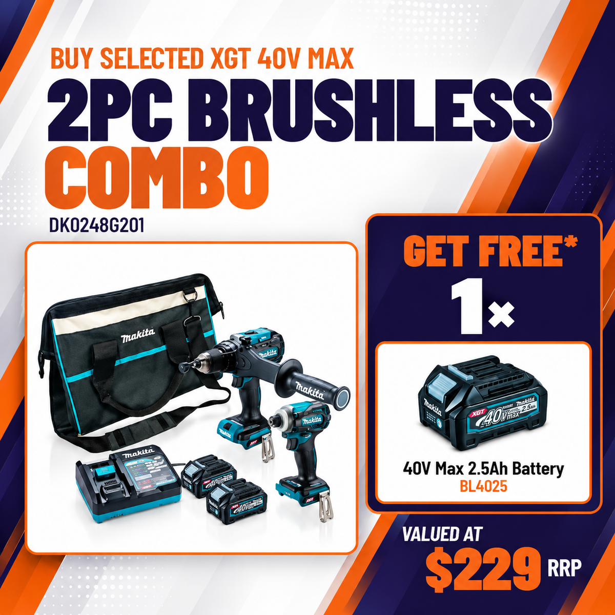 Makita 40V Max Brushless 2 Piece 2 x 4.0Ah Combo Kit DK0248G201