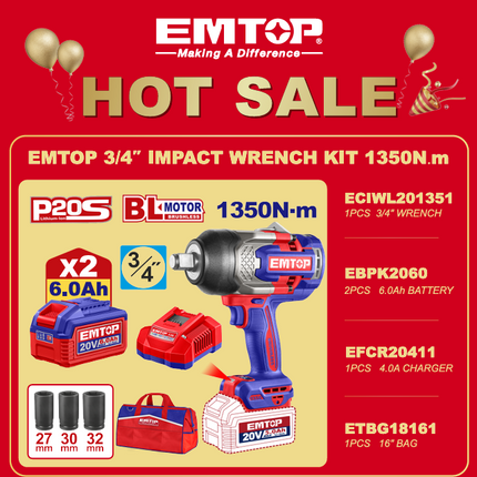 EMTOP 3/4" IMPACT WRENCH KIT 1350NM