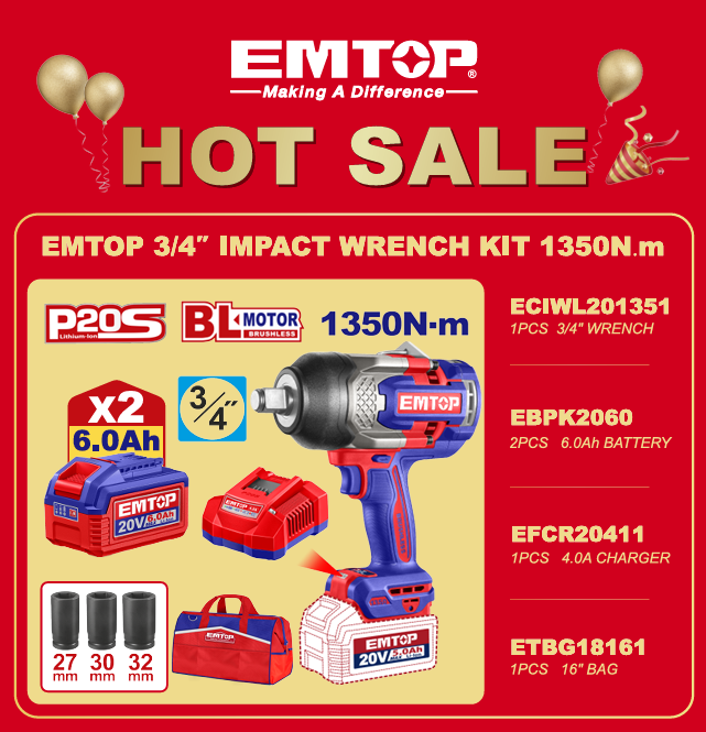 EMTOP 3/4" IMPACT WRENCH KIT 1350NM