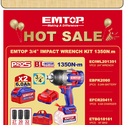 EMTOP 3/4" IMPACT WRENCH KIT 1350NM