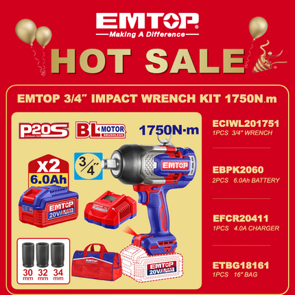 EMTOP 3/4" IMPACT WRENCH KIT 1750NM