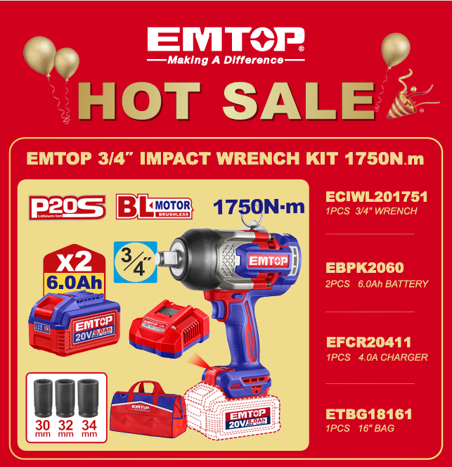 EMTOP 3/4" IMPACT WRENCH KIT 1750NM