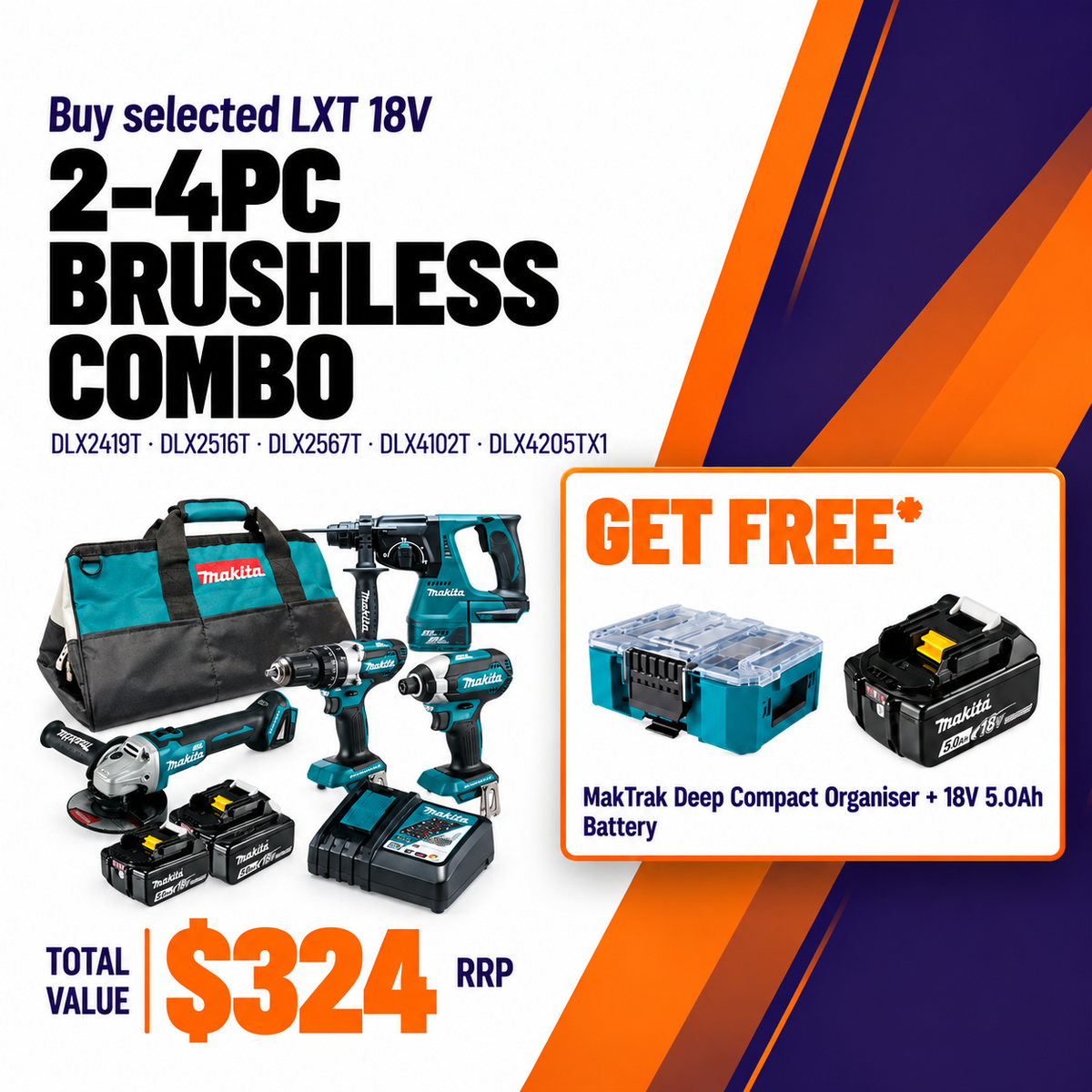 Makita 18V Brushless 4 Piece 2 X 5.0ah Combo Kit DLX4102T