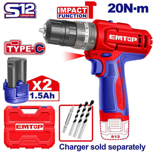 EMTOOL Cordless Impact Drill with 2xbatteries