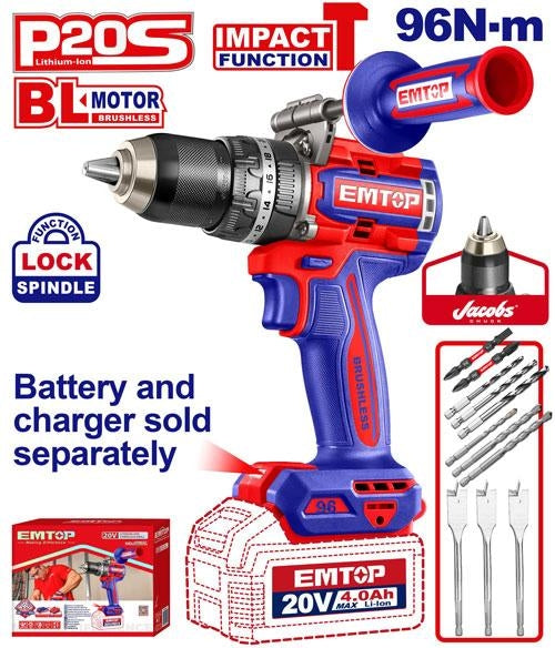 EMTOP Cordless Impact Drill 20V 96NM Brushless Combi Drill (Body Only) ECIDL209685
