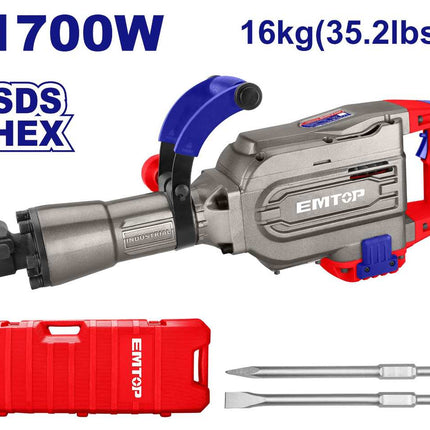 EMTOP 1700W 16Kg 30mm Hex Demolition Hammer kit