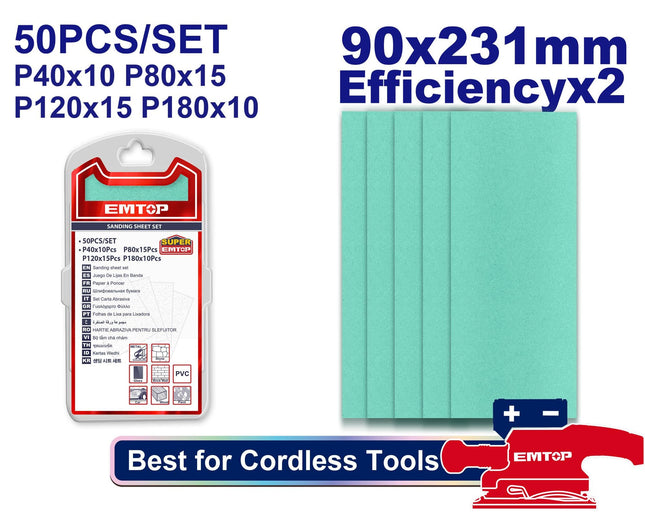 EMTOP 90x231mm Sanding Sheet Set - 50 pc