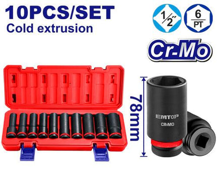 10 Pcs 1/2" deep impact socket set