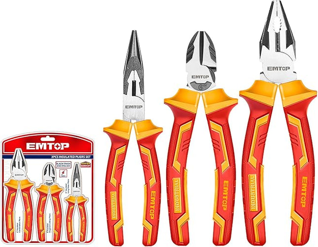 EMTOP 3 Pcs Insulated Pliers Set 8" Insulated Combination Plier 6" Insulated Long Nose Plier 6" Insulated Diagonal Cutting Plier EPLS0331