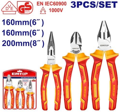 EMTOP 3 Pcs Insulated Pliers Set 8" Insulated Combination Plier 6" Insulated Long Nose Plier 6" Insulated Diagonal Cutting Plier EPLS0331