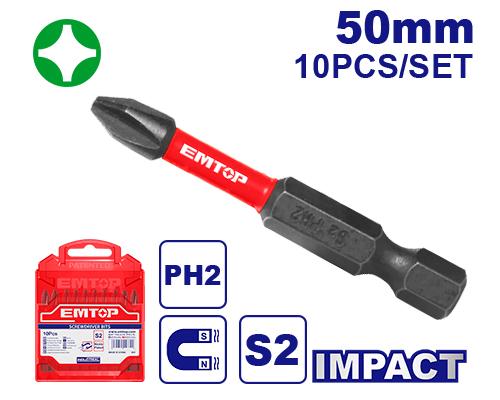 EMTOP PH2 x 50mm Impact Screwdriver Bit - 10 pc