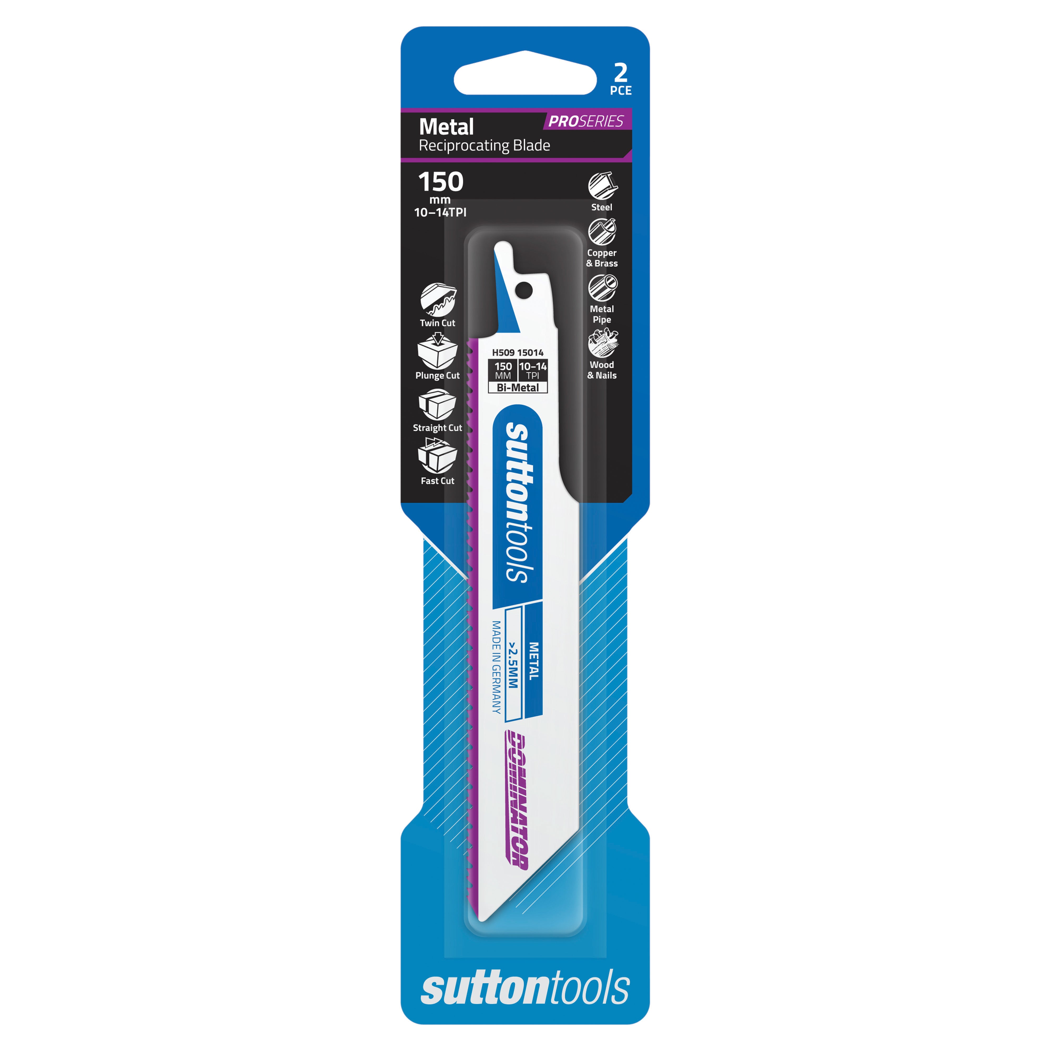 Sutton Tools Blade Recip Bim Metal Domin 150x25x0.9MM 10-14Tpi 2Pk H50915014