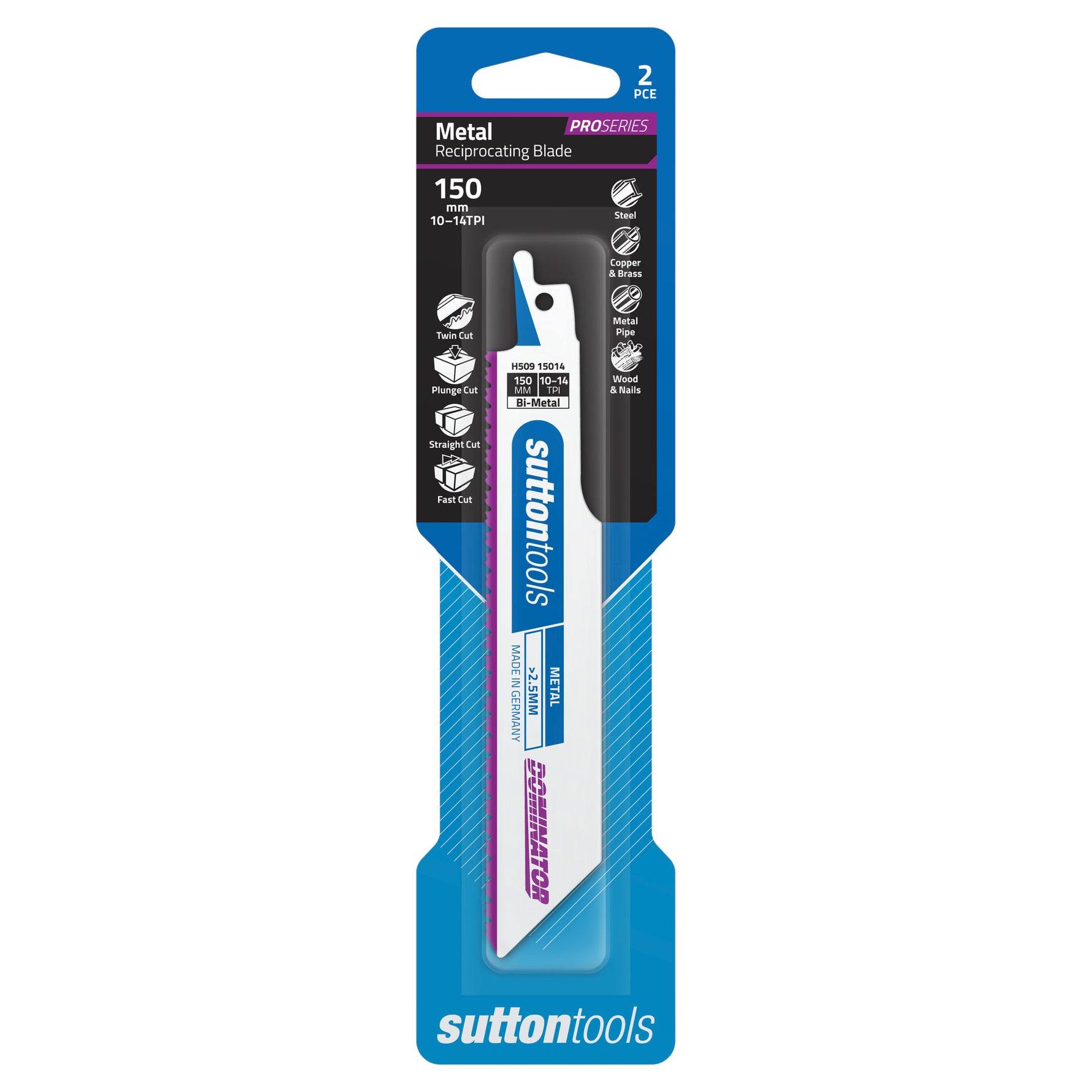 Sutton Tools Blade Recip Bim Metal Domin 150x25x0.9MM 10-14Tpi 2Pk H50915014