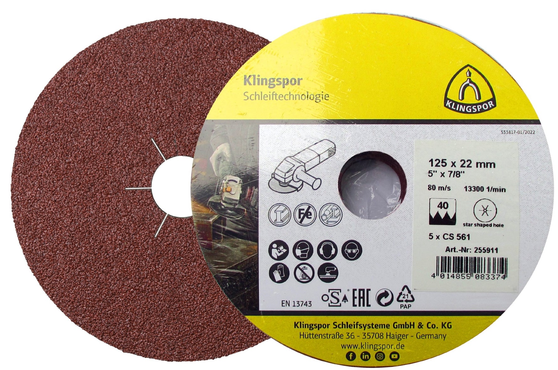 Klingspor 255911 125mm CS561 star shaped hole abrasive fibre disc 40 grit pack of 5 for Metals, Non-Ferrous Metals and Wood