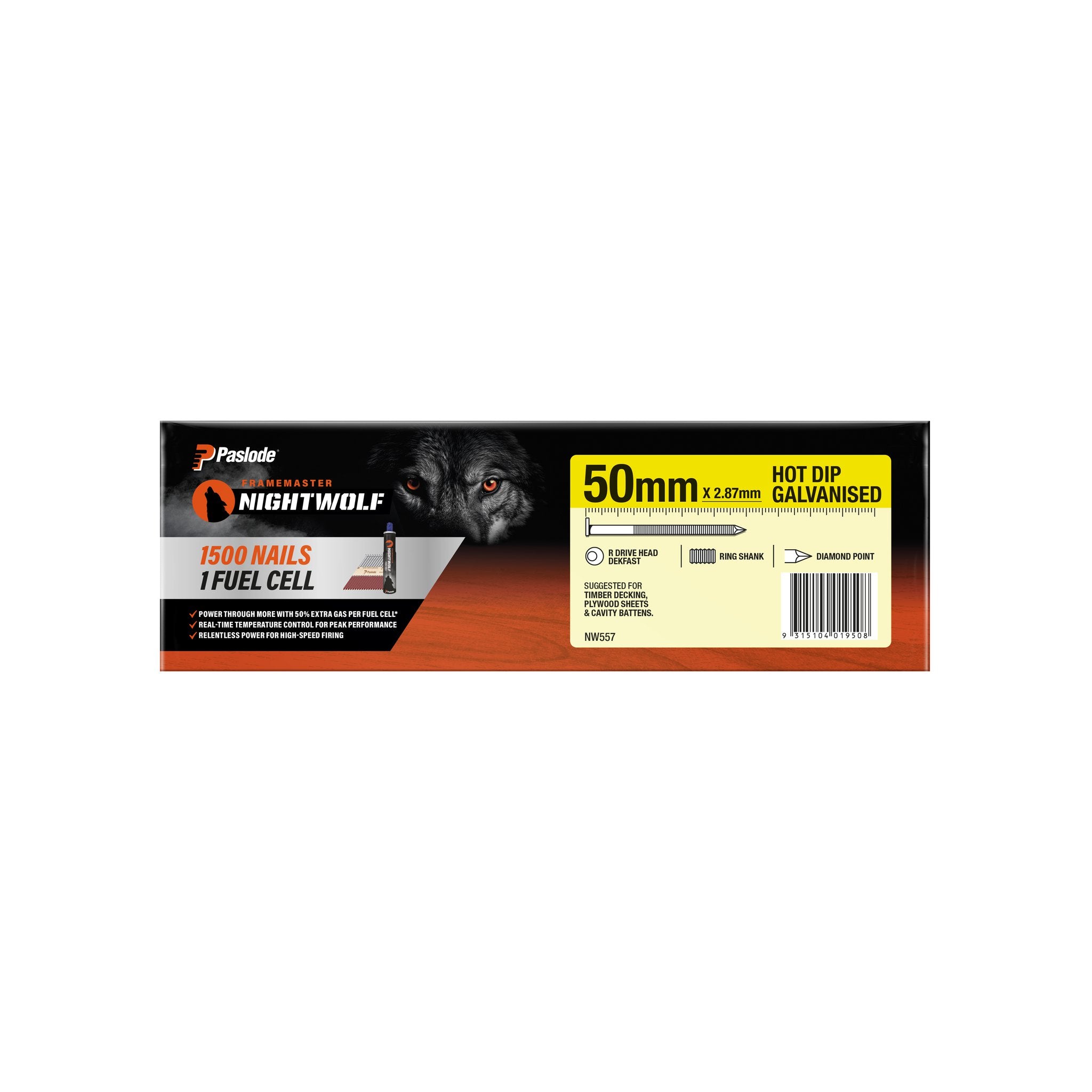 Paslode Impulse Nightwolf 50x2.87mm Dekfast Hd Galv R-Drive Ring Nail & 1 Fuel Cell - 1500 Pack NW557