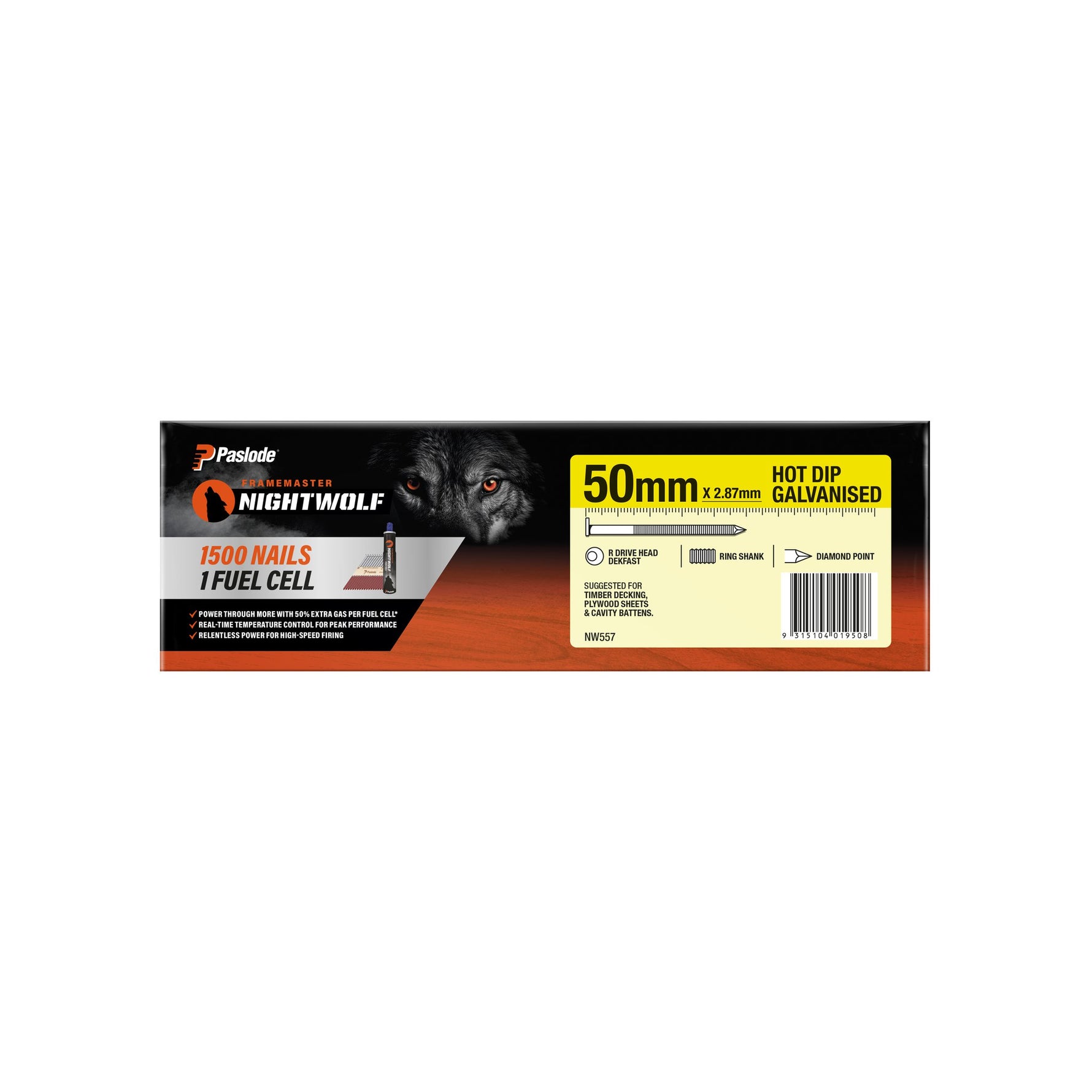 Paslode Impulse Nightwolf 50x2.87mm Dekfast Hd Galv R-Drive Ring Nail & 1 Fuel Cell - 1500 Pack NW557