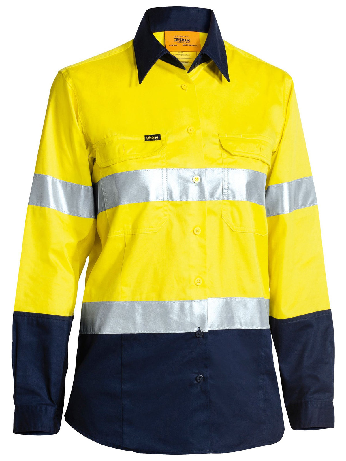 Bisley Workwear BL6896 Women's Yellow/Navy 18 Taped Hi Vis Cool Lightweight Drill Shirt BL6896_TT0118