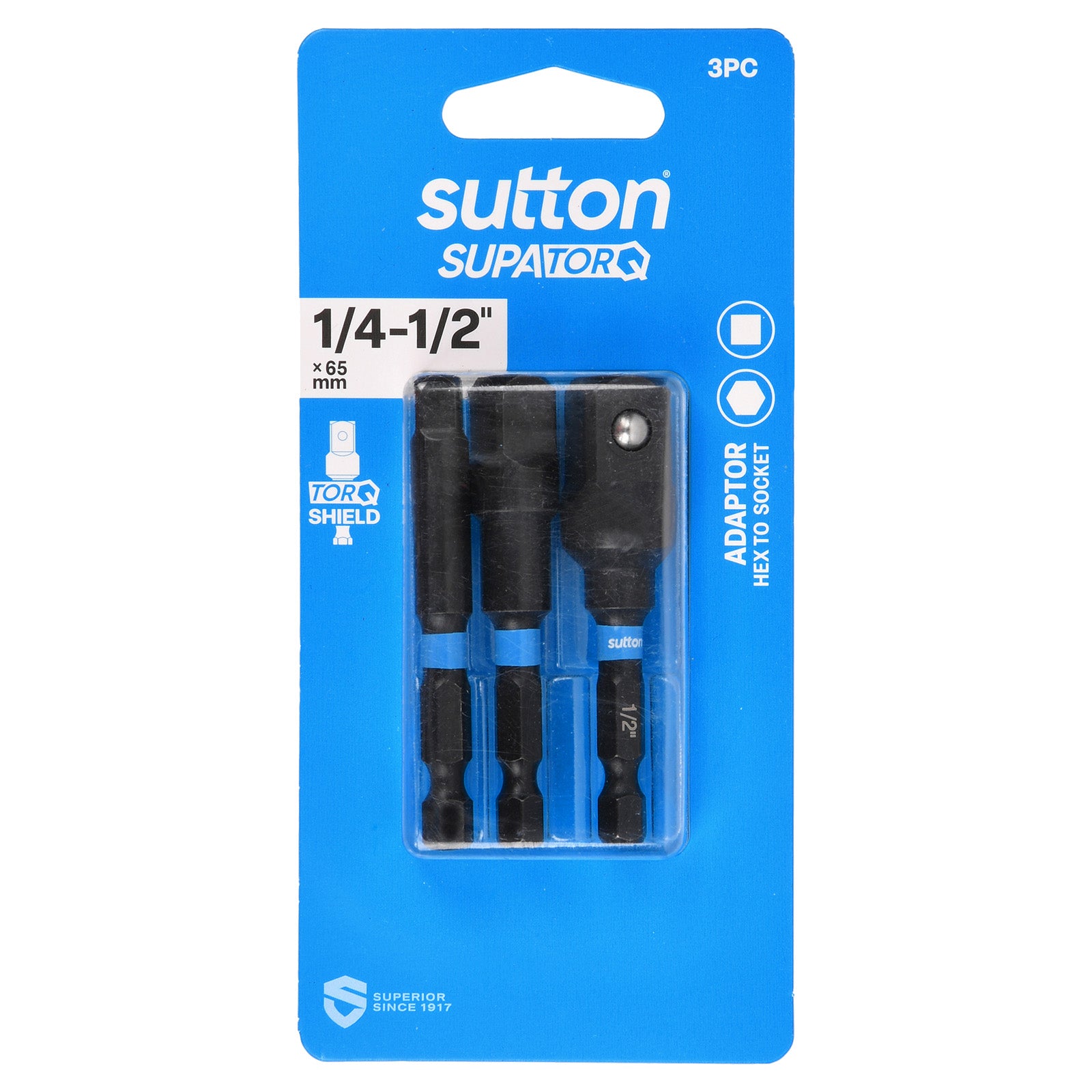Sutton Tools Bit Adaptor Hex To Socket Set 1/4 3/8 1/2In 65Mm 3Pc S240S03CX