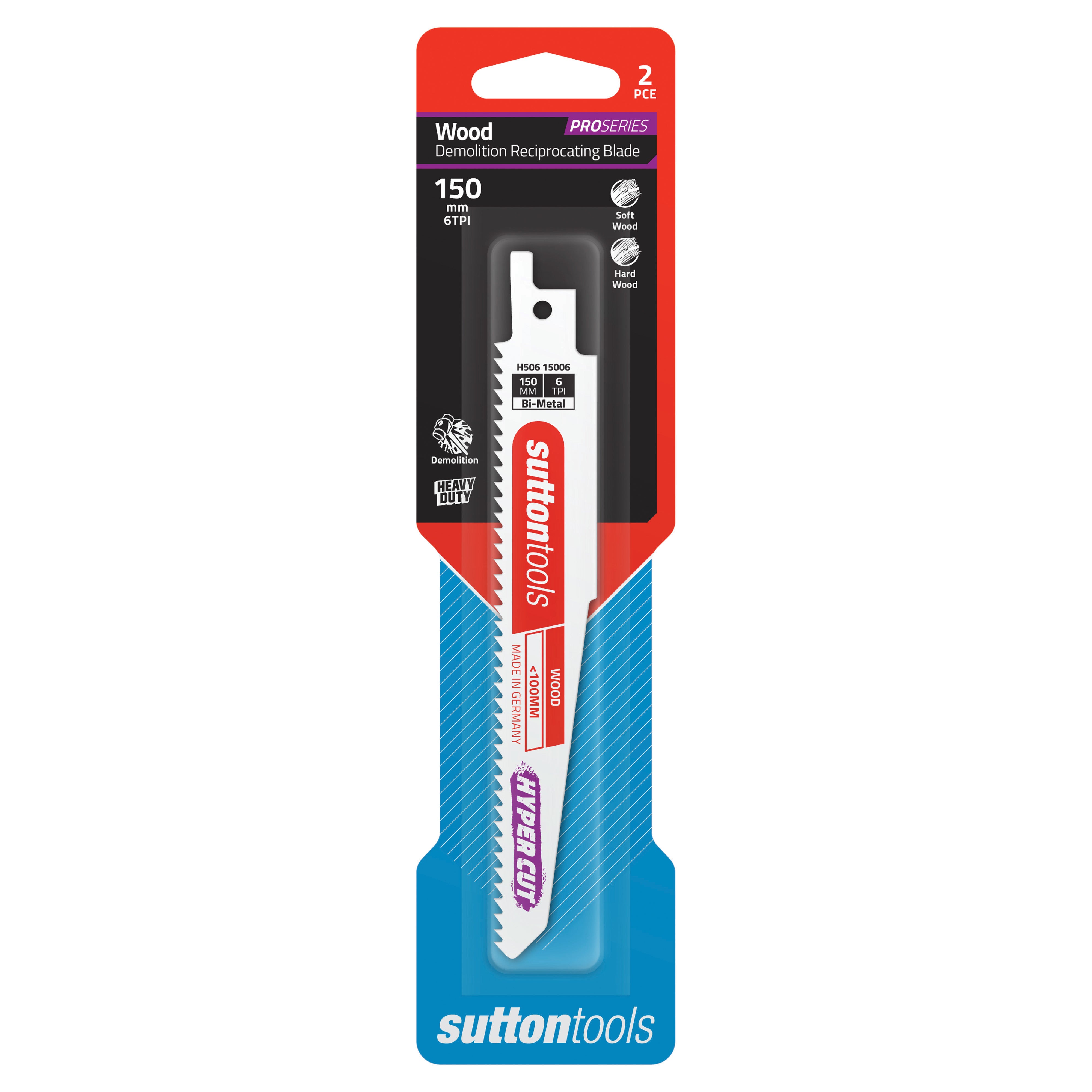 Sutton Tools Blade Recip Bim Wood Demo Hyper 150x22x1.57MM 6Tpi 2Pk H50615006