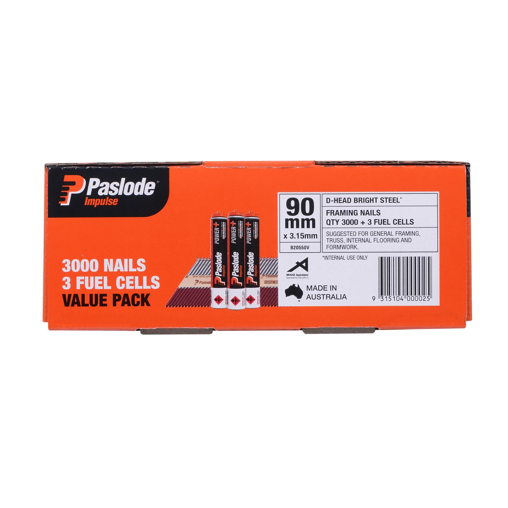 Paslode 90 x 3.15mm Bright Impulse D Head Nail With Fuel - 3000 Pack B20550V