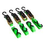 Monkey Grip Ratchet Tie Down 300KG Capacity 25mm x 4M Green Rubber Coated S-Hook 4 Pack BTD254-4