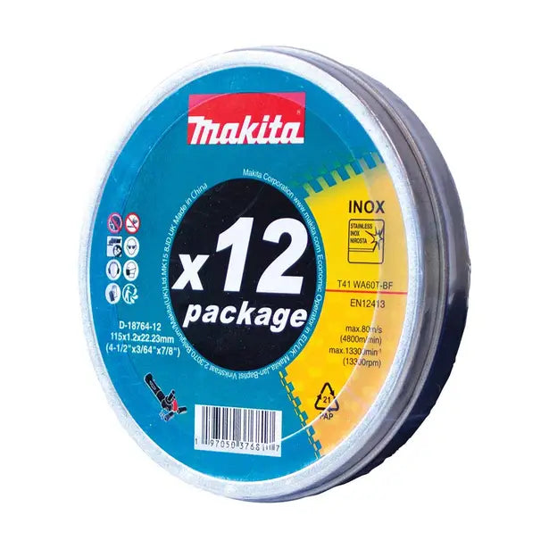 Makita 115mm X 1.2mm X 22mm Inox Cutting Disc WA60T - 12pc Tin D-18764-12
