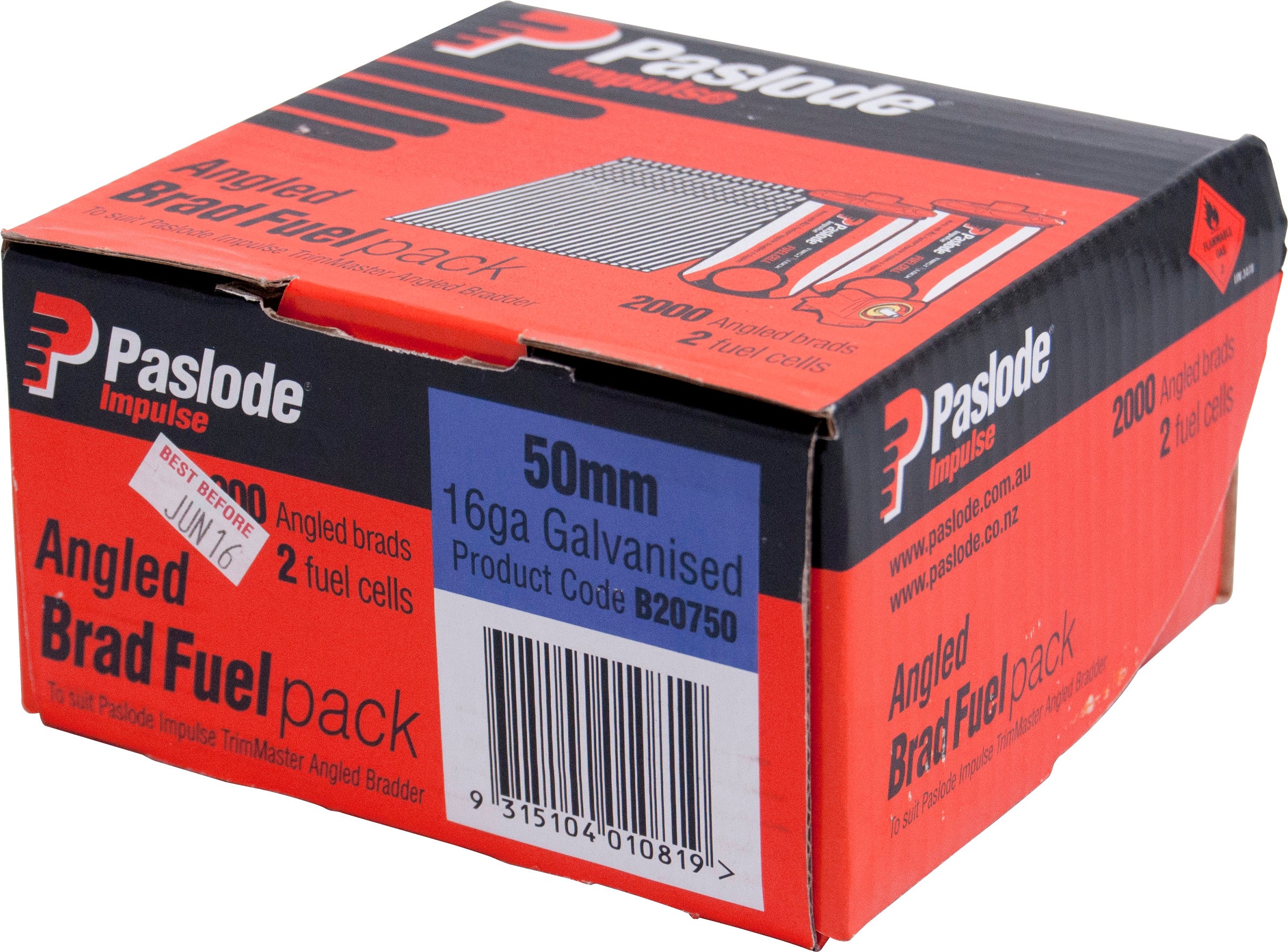 Paslode 50mm 20 Degree Zinc Plated C Brad Nails & 2x Fuel Cells – 2000 Pack B20750