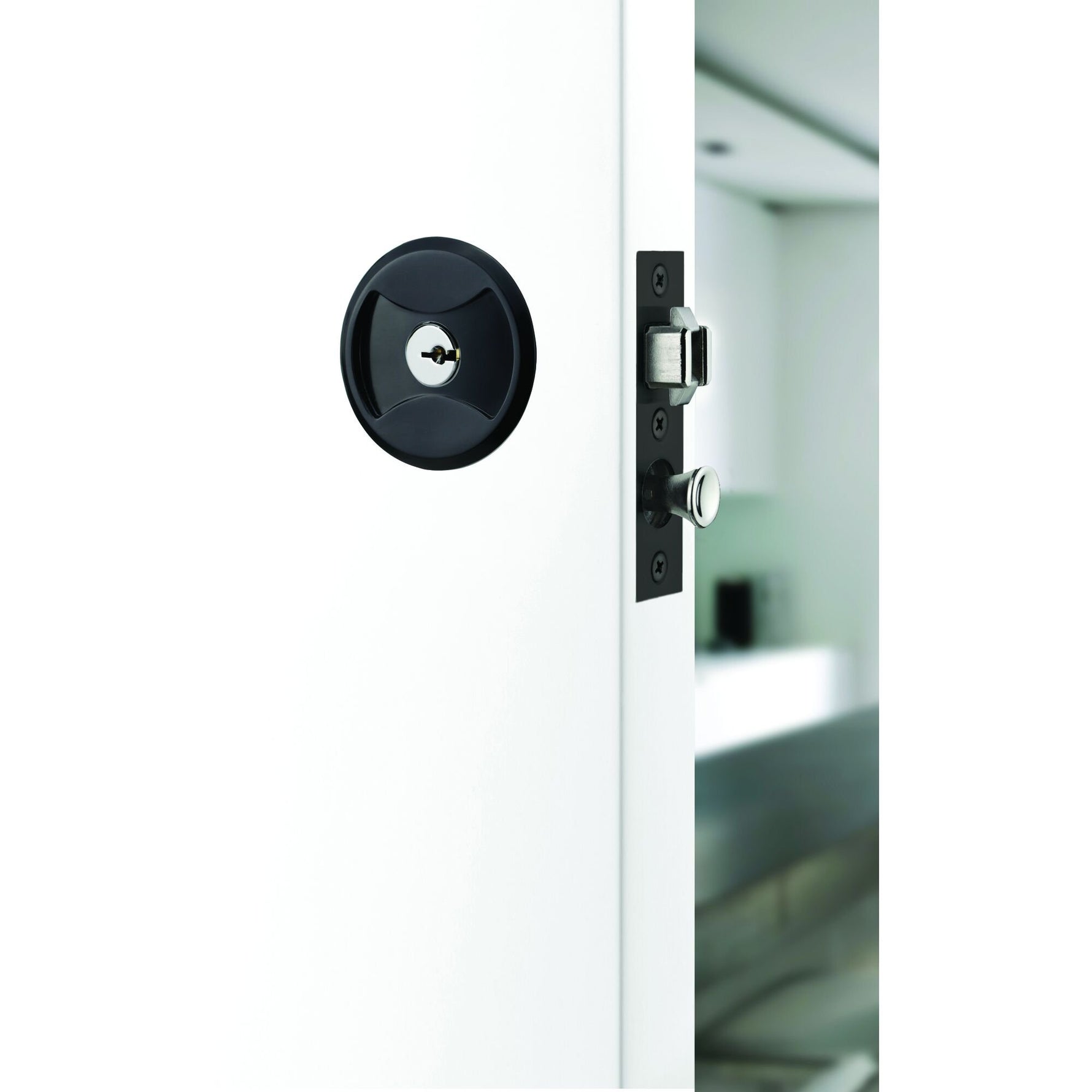 Lockwood Symmetry Round Cavity Sliding Door Matt Black Privacy Set DP 7400MBKDP