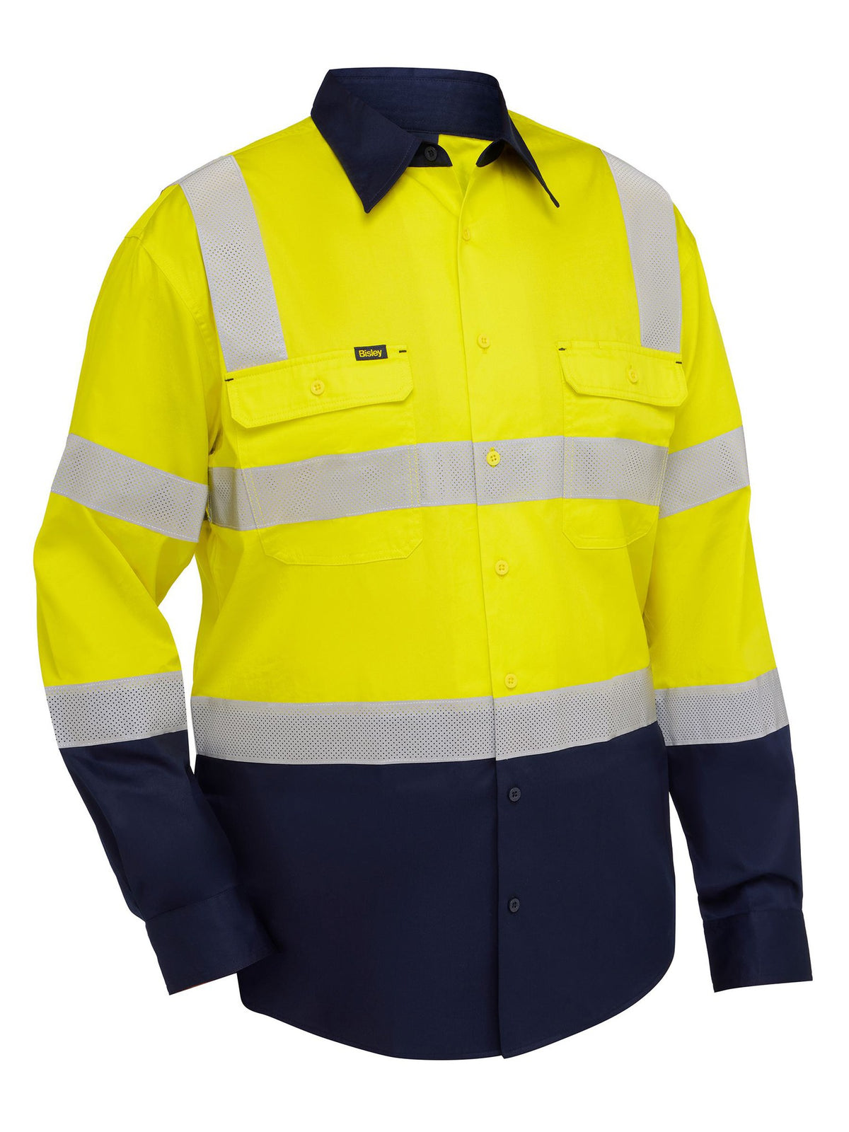 Bisley Workwear BS6396T Men's Yellow/Navy XL Taped Biomotion Hi Vis Cool Lightweight Vented Shirt BS6396T_TT01XL