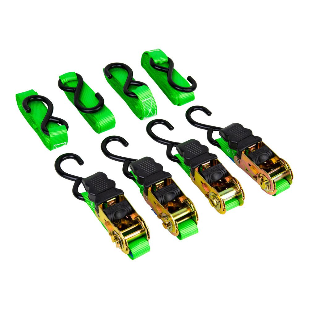 Monkey Grip Ratchet Tie Down 300KG Capacity 25mm x 4M Green Rubber Coated S-Hook 4 Pack BTD254-4