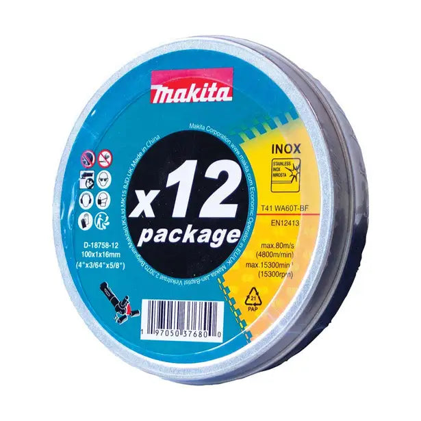 Makita 100mm X 1mm X 16mm Inox Cutting Disc WA60T - 12pc Tin D-18758-12