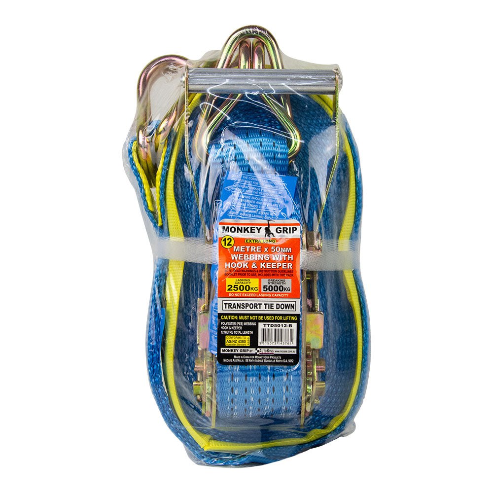 Monkey Grip 50mm Transport Tie Down 2500kg LC 12m Trade Pack Hook & Keeper TTD5012-B