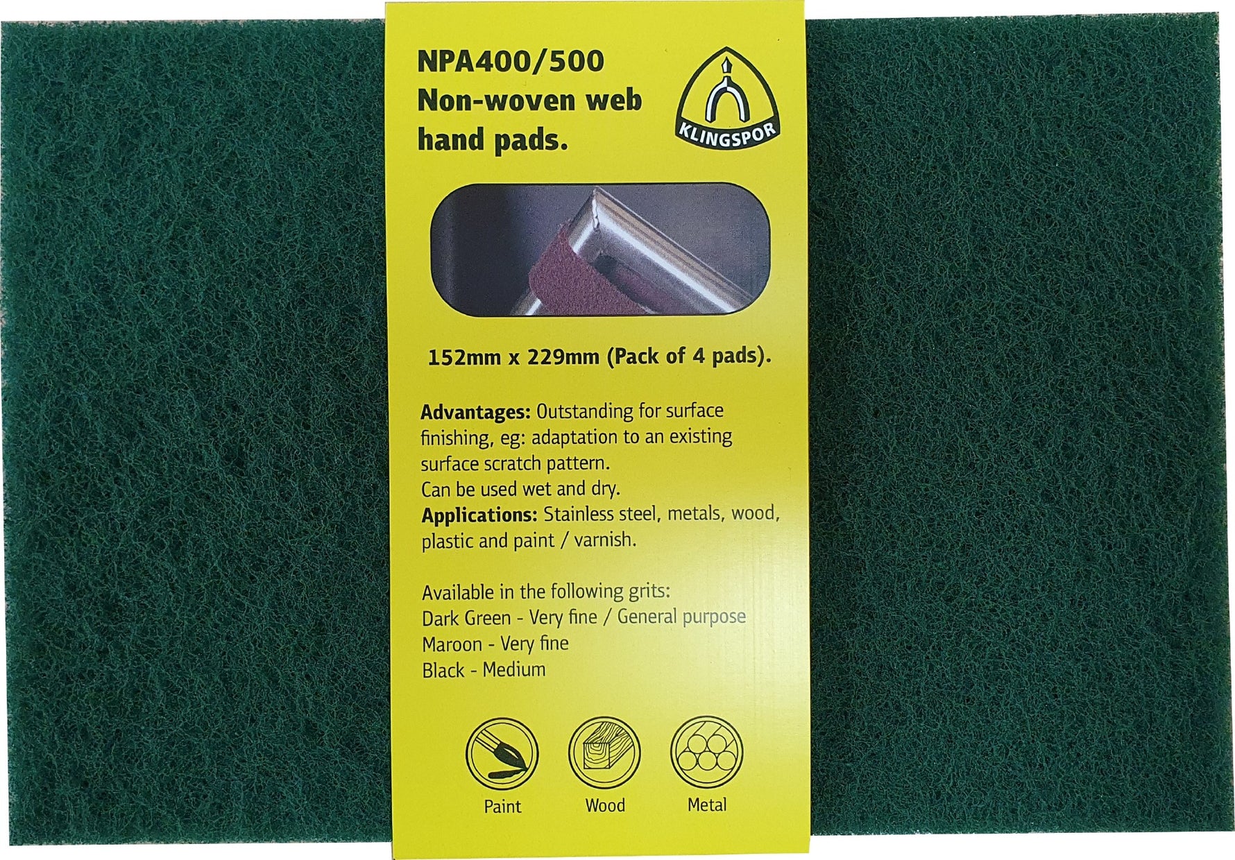 Klingspor 359000 NPA 400 hand pad non woven 152 x 229 mm very fine dark green sleeve of 4 pads