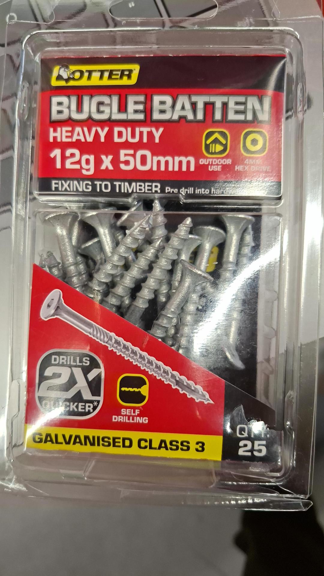 Otter 25 Pack 12G X 50mm Batten Bugle Screw T17 Galv BBEG12501