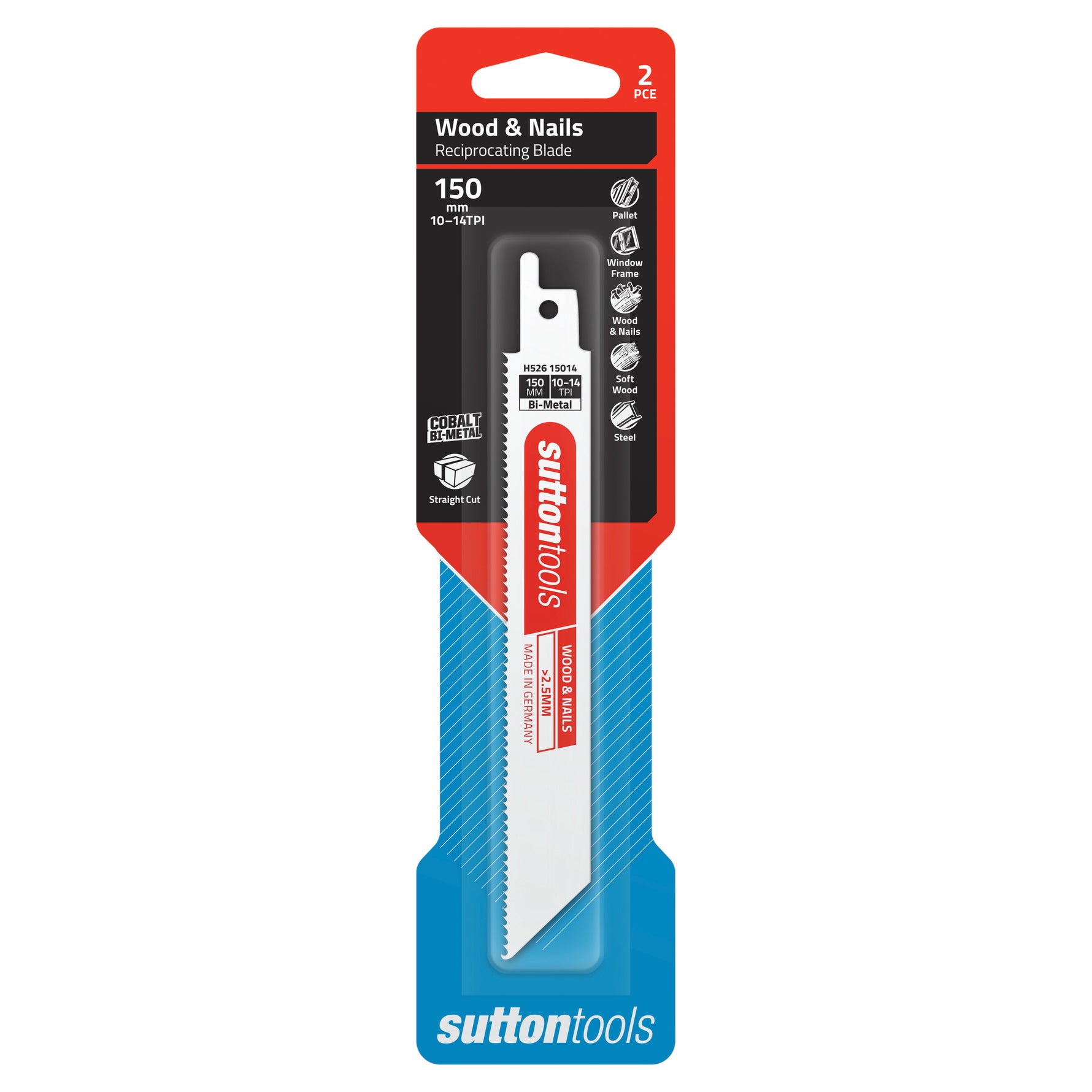 Sutton Tools Blade Recip Bim Wood/Nail 150x19x1.27MM 10-14Tpi 2Pk H52615014