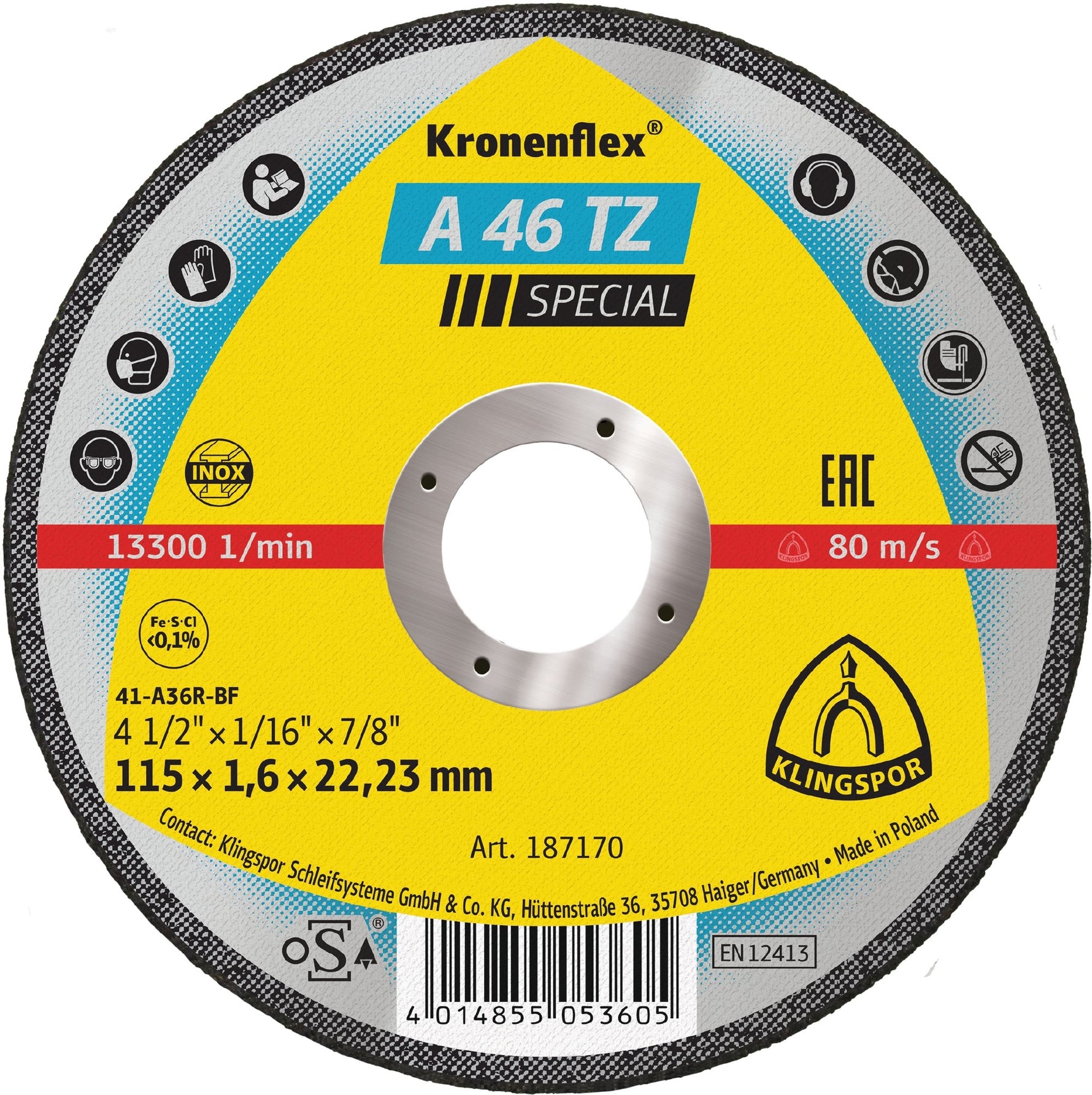 Klingspor 187170 A46 Tz 115mm x1.6mm x22.23mm steel cut off wheel
