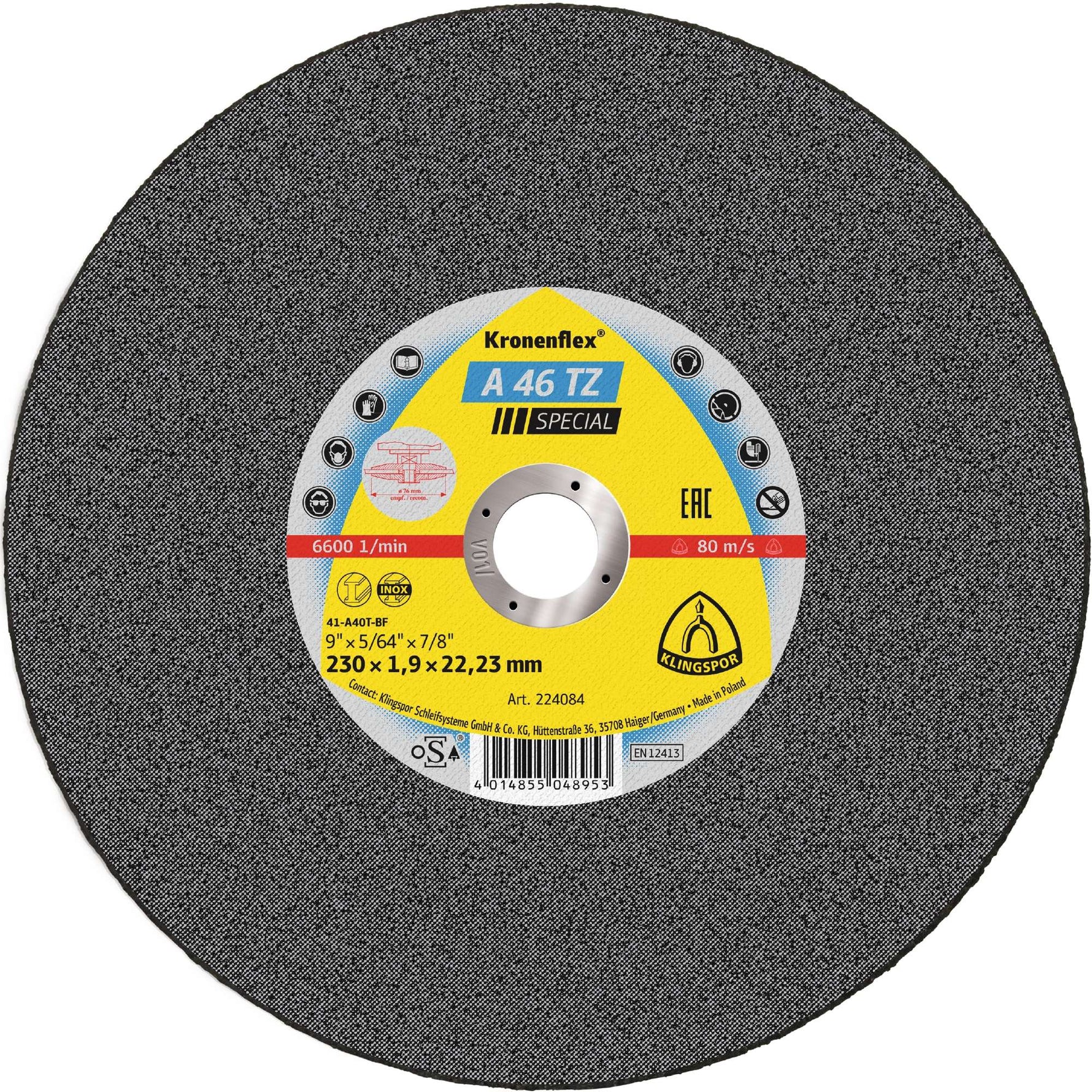 Klingspor 224084 A46 Tz 230mm x1.9mm x22.23mm steel cut off wheel