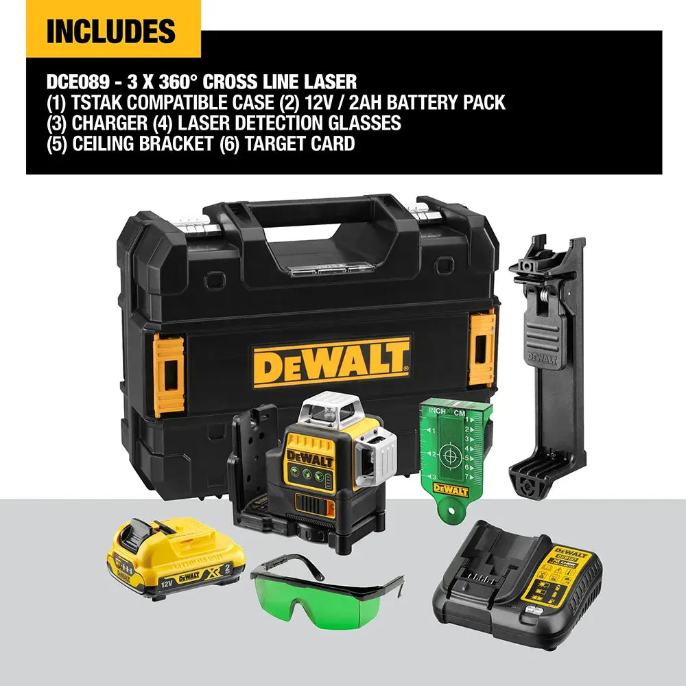 DEWALT 12V 3 x 360-Degree Multi-Line Laser Level Green Kit DCE089D1G-XE