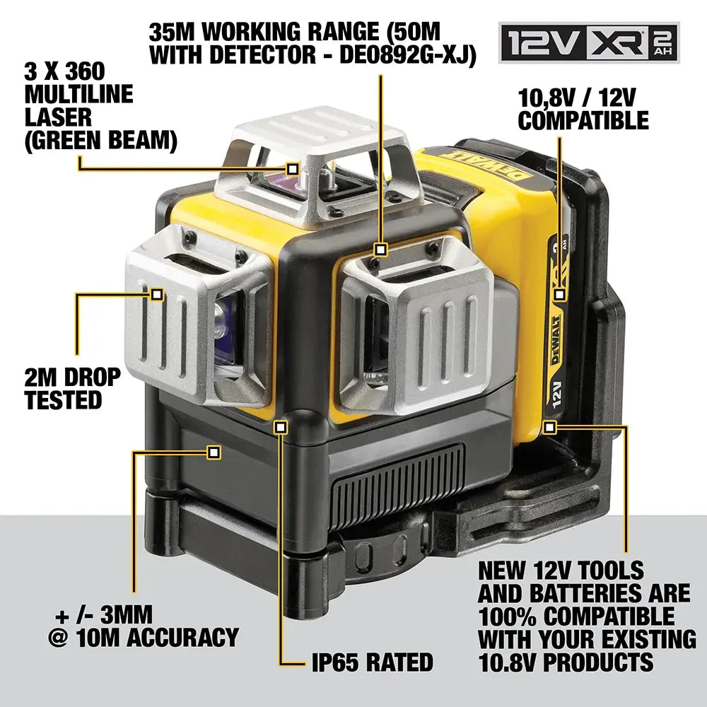 DEWALT 12V 3 x 360-Degree Multi-Line Laser Level Green Kit DCE089D1G-XE