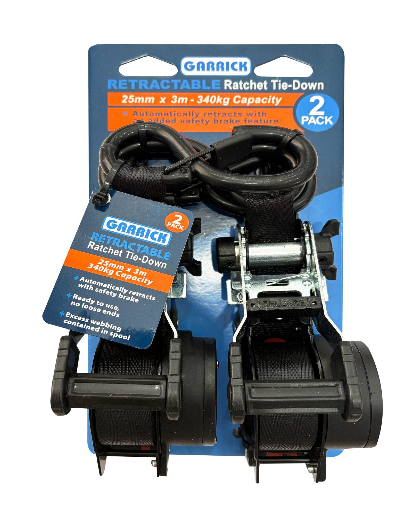 Garrick Retractable Tie Down 25mmx3M-340kg- 2pk GRETRAC25MM