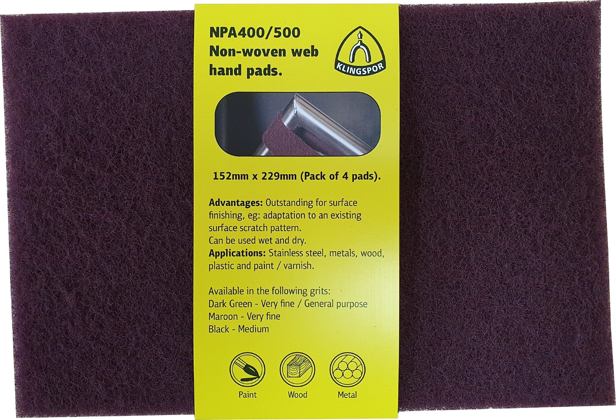 Klingspor 358999 NPA 400 hand pad non woven 152 x 229 mm very fine maroon sleeve of 4 pads