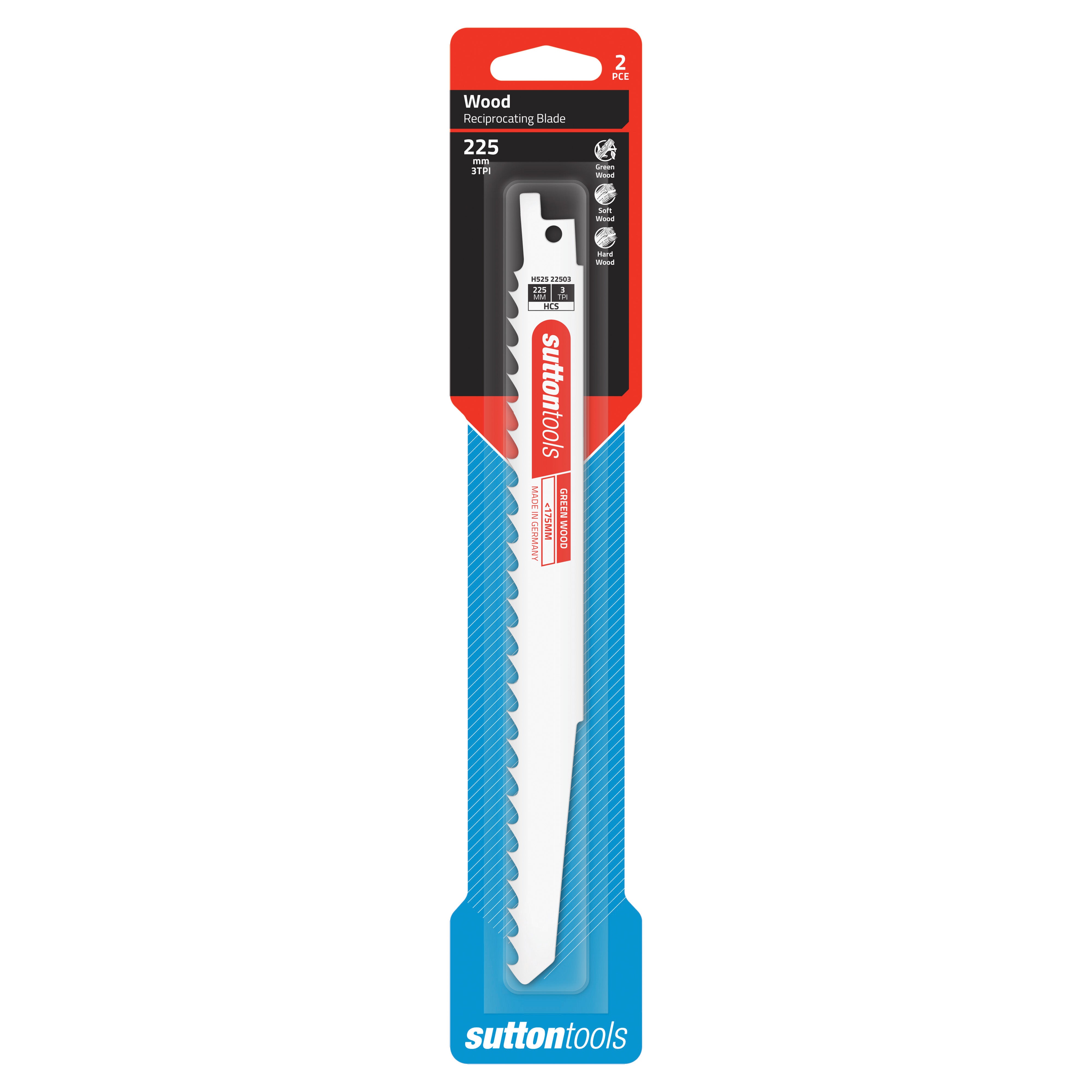 Sutton Tools Blade Recip Hcs Green Wood 225x19x1.27MM 3Tpi 2Pk H52522503