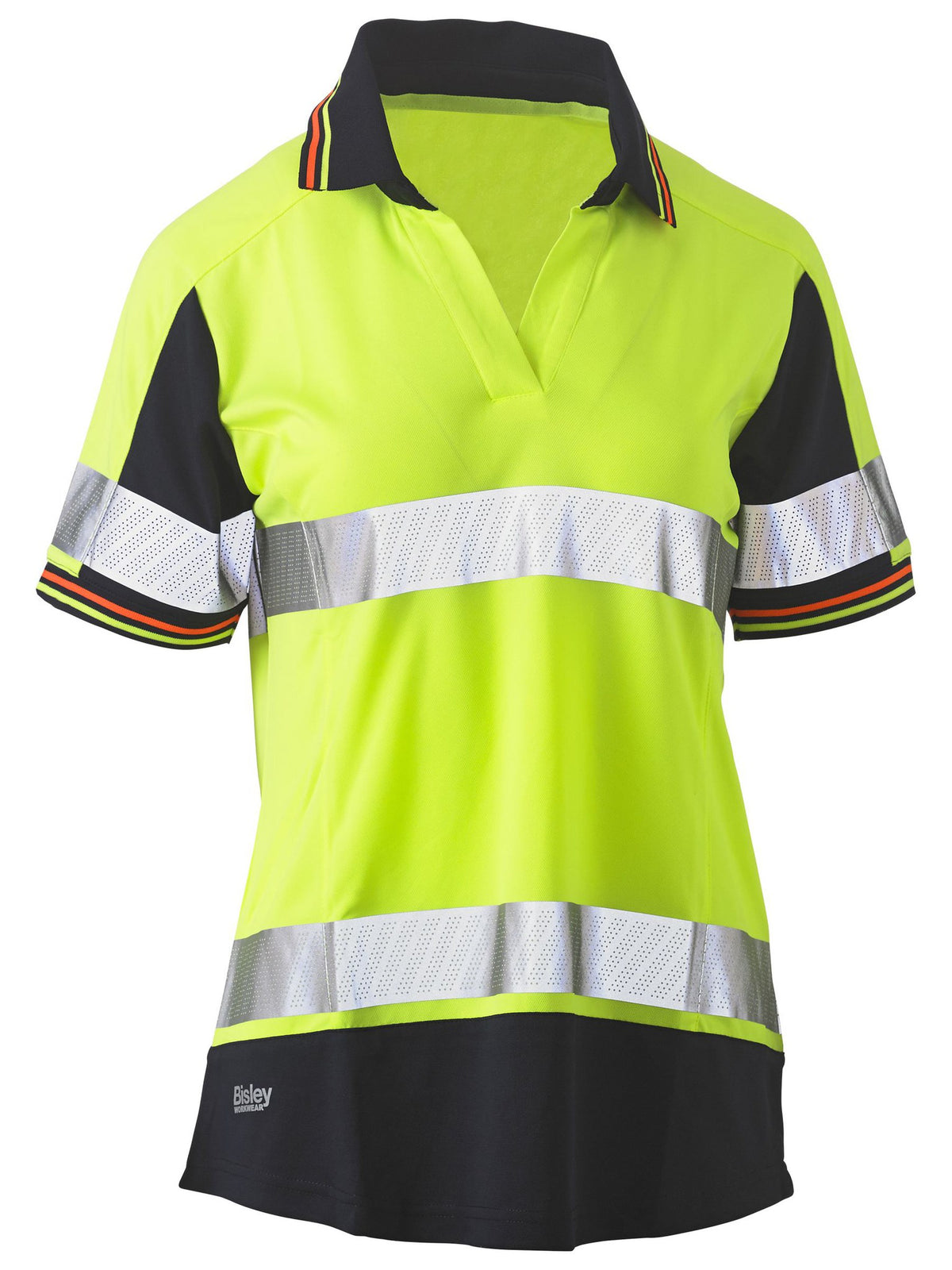 Bisley Workwear BKL1225T Women's Yellow/Navy 16 Taped Two Tone Hi Vis V-Neck Polo BKL1225T_TT0416