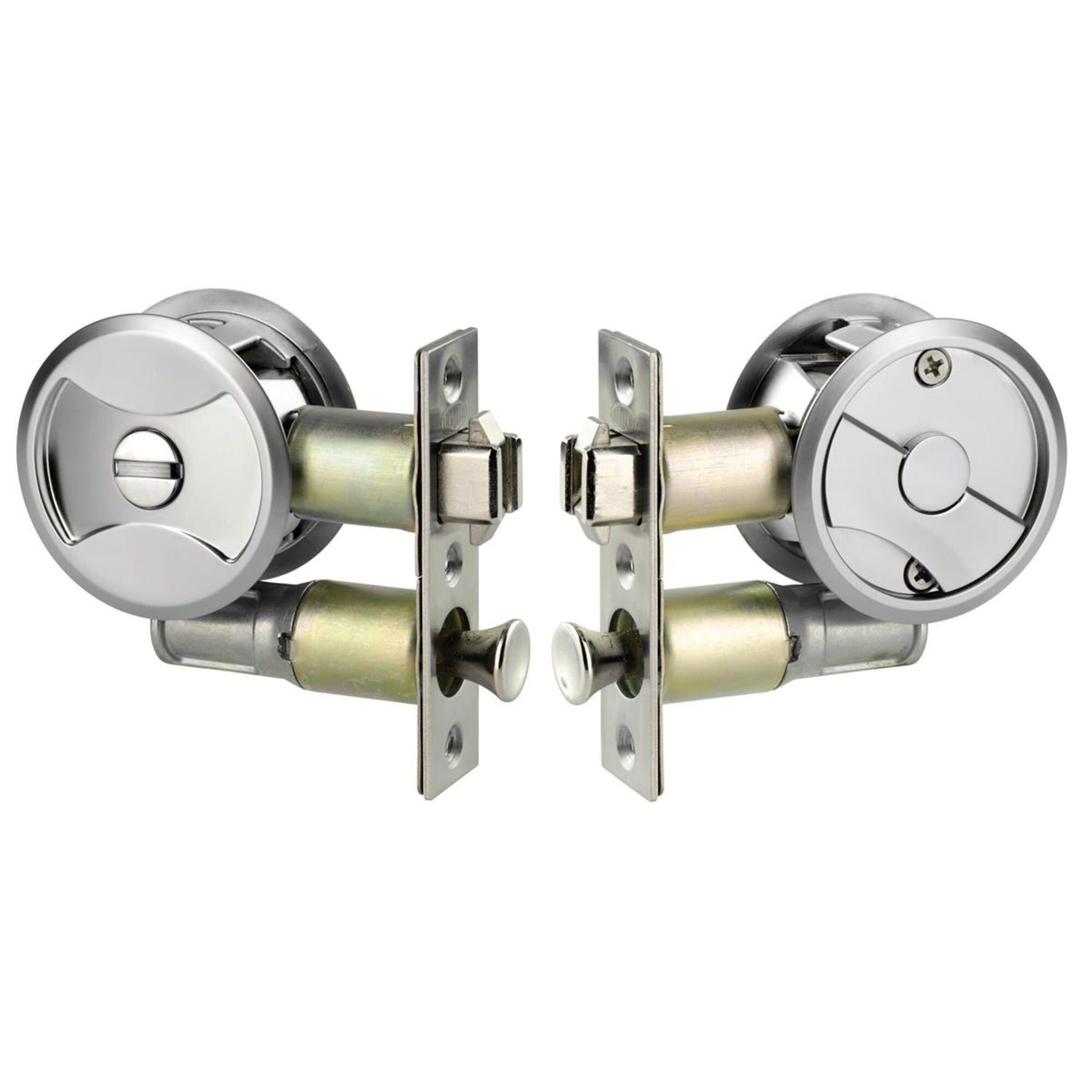 Lockwood Symmetry Round Cavity Sliding Door Satin Pearl Privacy Set DP 7400SPDP