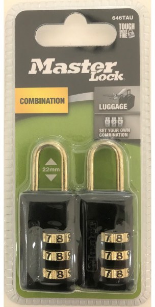 Master Lock Padlock Comb Lugg Blk 20MM PK2 646TAU