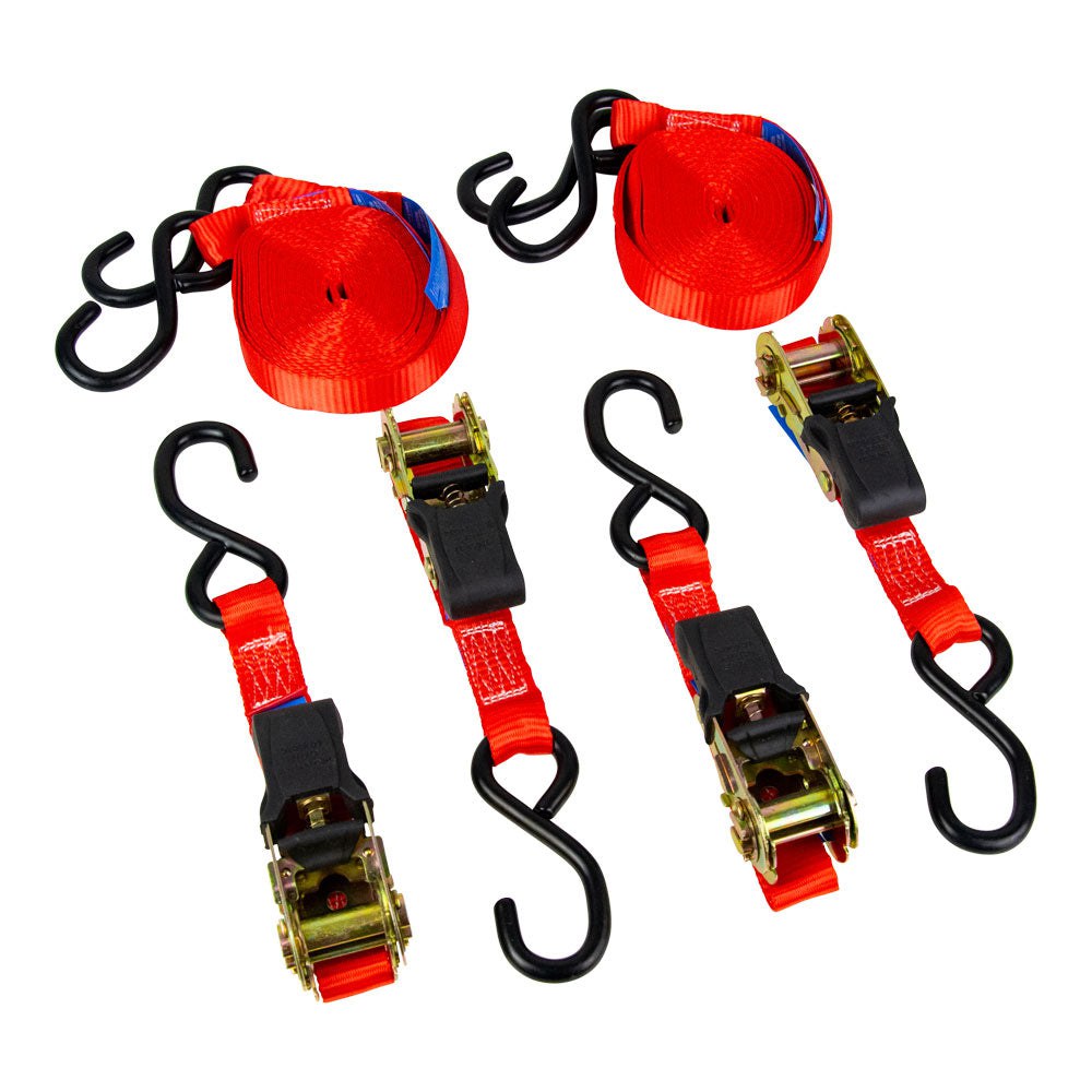 Monkey Grip Ratchet Tie Down 450KG Capacity 25mm x 4M Red Rubber Coated S-Hook 2 Pack RTD254-2