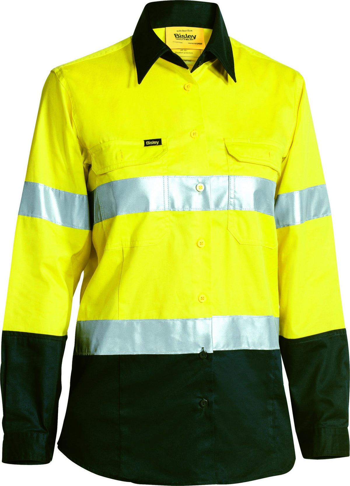 Bisley Workwear BL6896 Women's Yellow/Bottle 24 Taped Hi Vis Cool Lightweight Drill Shirt BL6896_TT0324